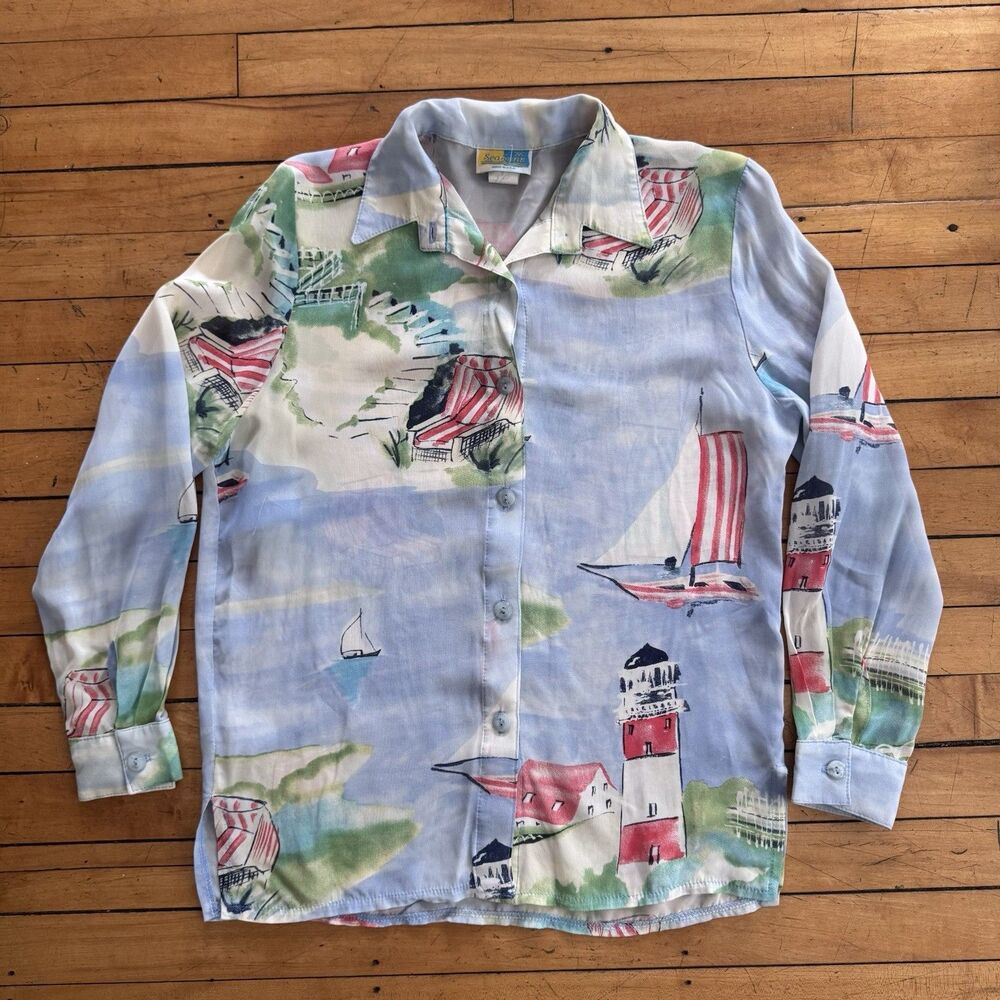Vintage Sheer long sleeve blouse Sea Suns Rayon Poly Lighthouse Sky Ocean boat